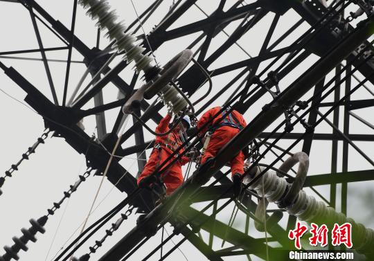 圖為電力工人在70多米高空作業(yè)，為特高壓復(fù)奉線重慶段進(jìn)行八年來首次大修?！≈芤?攝