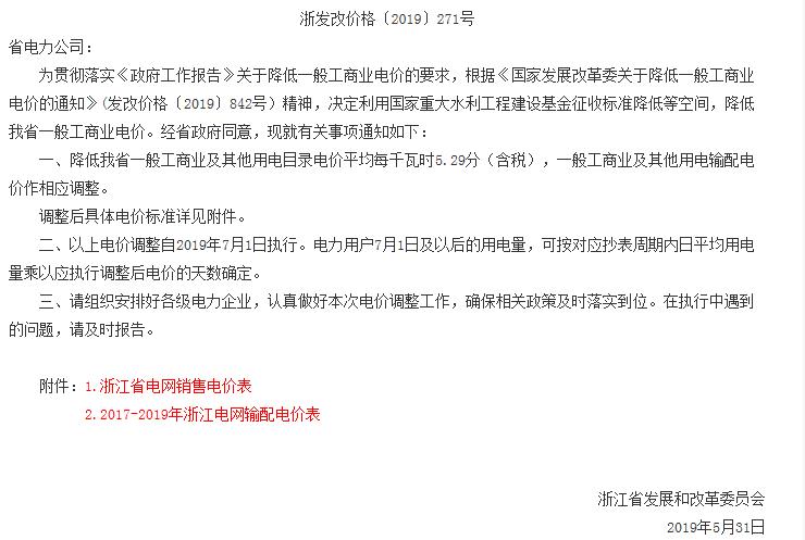 浙江第二次降電價(jià)！一般工商業(yè)電價(jià)及目錄電價(jià)平均降5.29分/千瓦時(shí)（含稅）